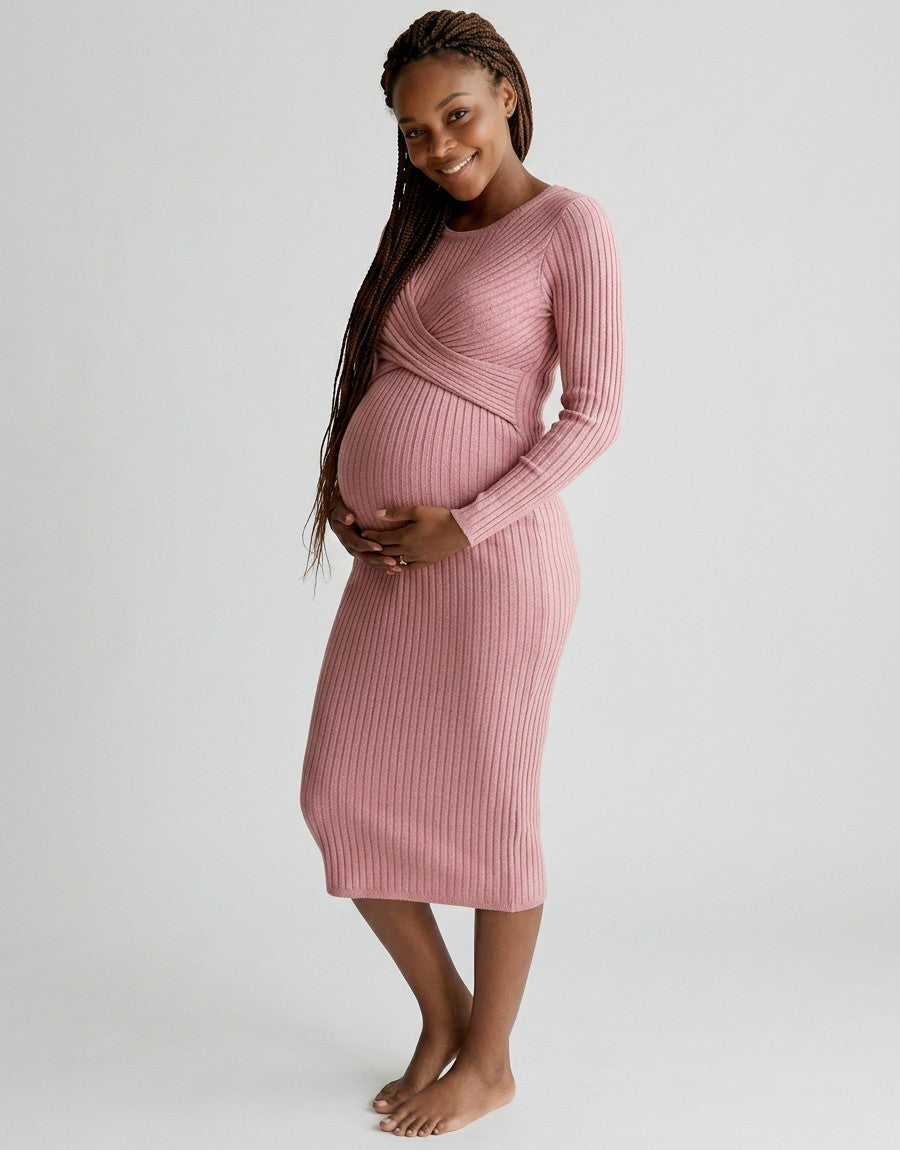 Pink ribbed maternity midi dress with long sleeves and wrap-front crossover bodice