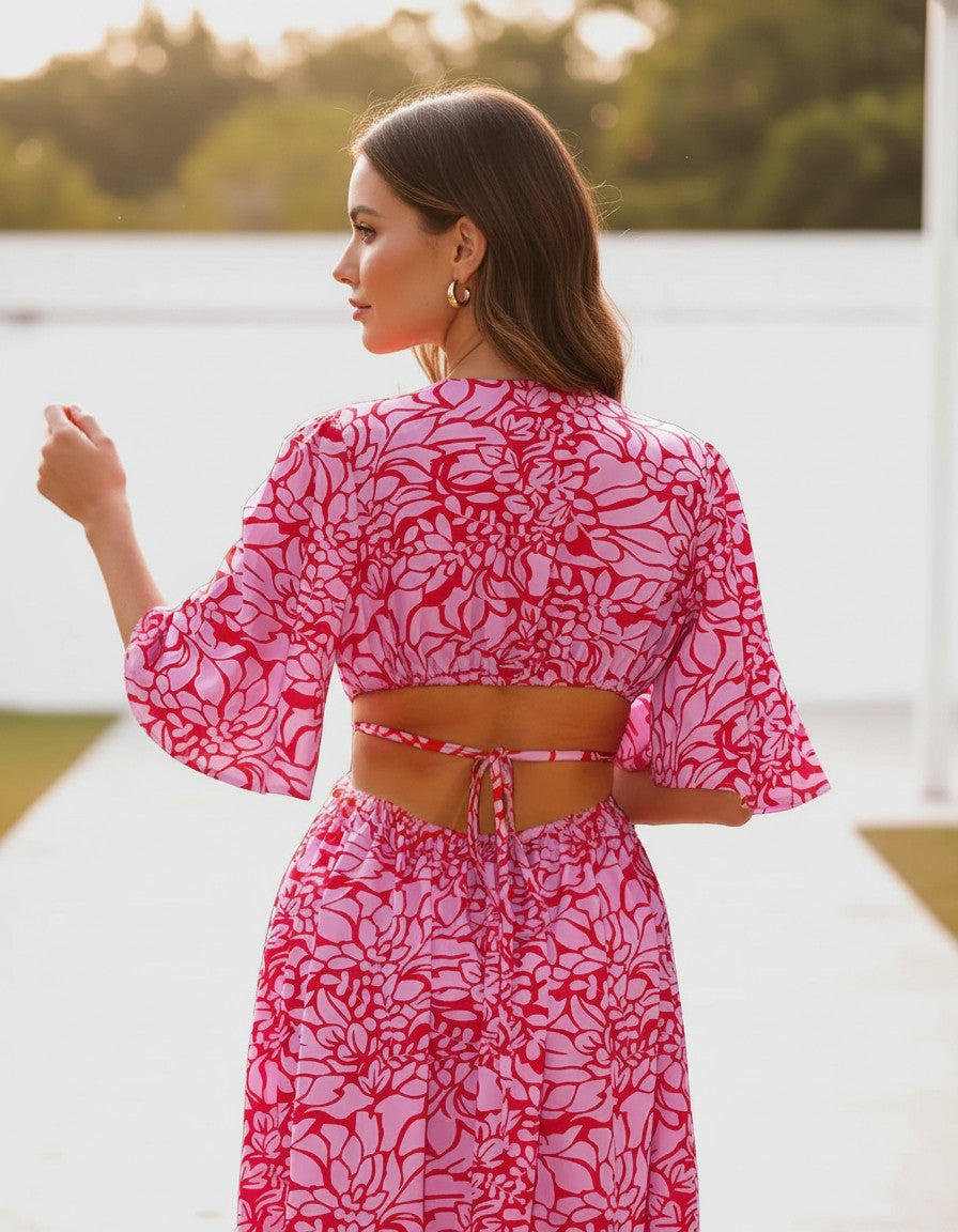 Floral chiffon maternity maxi dress, pink-and-white print, back cutout with tied waist, maxi
