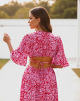 Floral chiffon maternity maxi dress, pink-and-white print, back cutout with tied waist, maxi