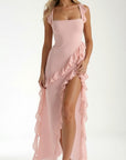 Pink ruffled maxi dress with square neckline, spaghetti straps, side slit
