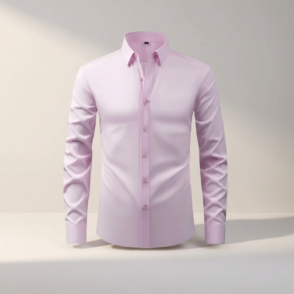 Men's slim-fit stretch dress shirt, pink button-front long sleeves, pointed collar.