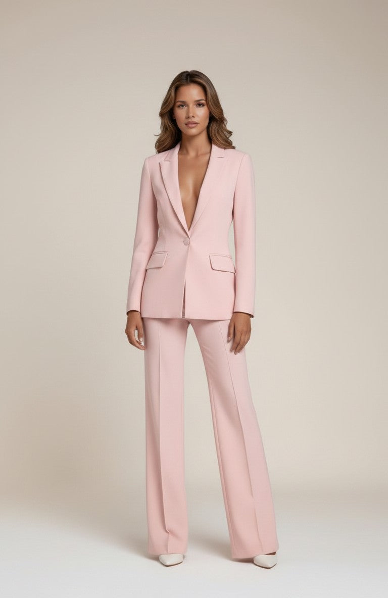 Light pink tailored suit with V-neck blazer and wide-leg trousers, long sleeves