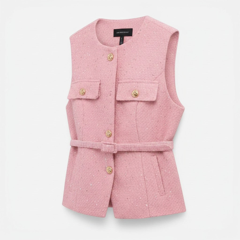 Pink tweed sleeveless vest with gold button front, flap pockets, and waist belt