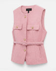 Pink tweed sleeveless vest with gold button front, flap pockets, and waist belt