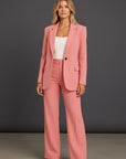Pink tailored blazer and wide-leg pants set with single-breasted buttons