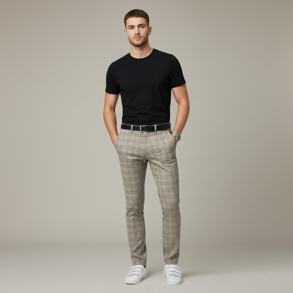 Gray plaid slim-fit ankle-length trousers with belt loops and button fly