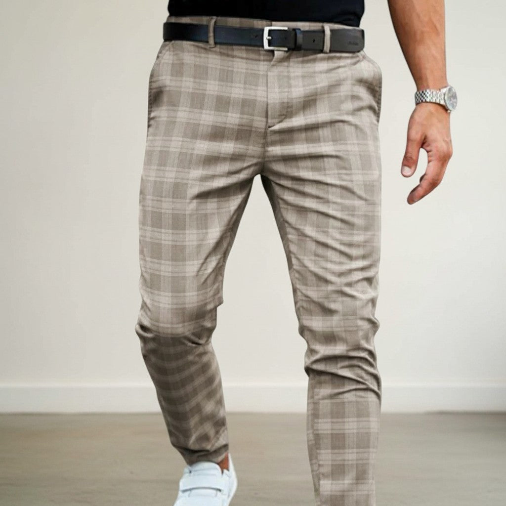 Beige plaid slim-fit ankle-length trousers with belt loops and button fly
