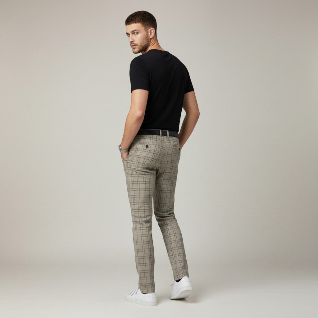 Gray plaid slim-fit ankle-length trousers with belt loops and button fly