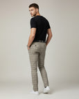 Gray plaid slim-fit ankle-length trousers with belt loops and button fly