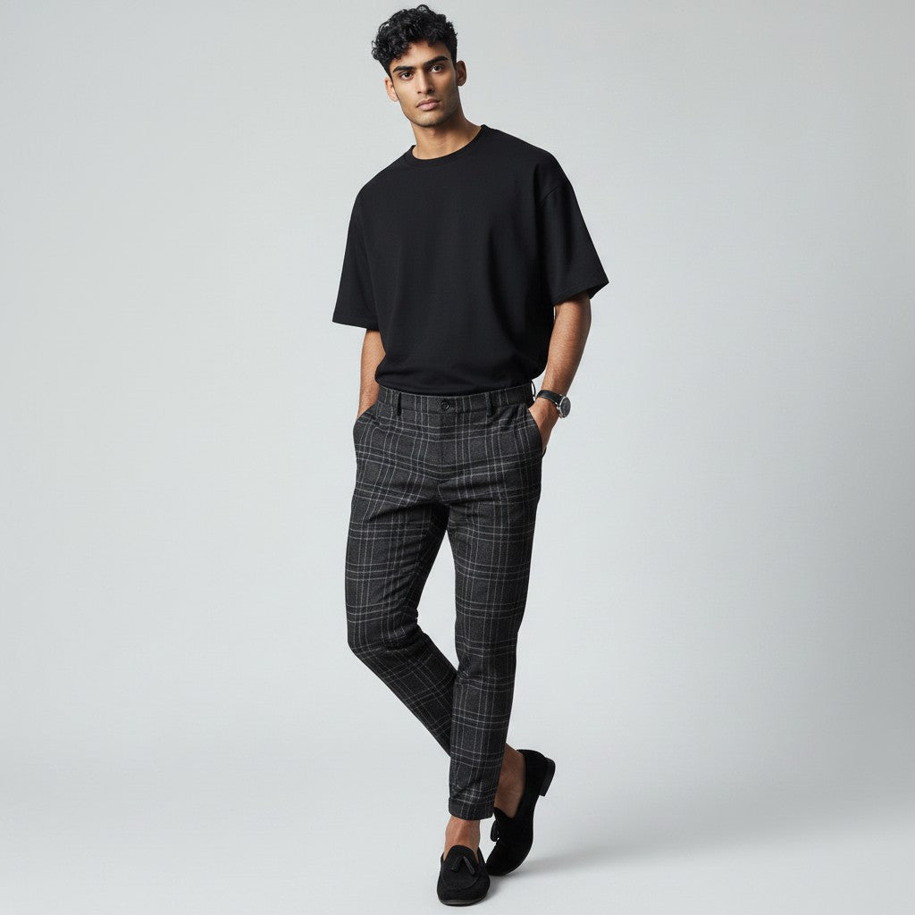 Charcoal plaid slim-fit ankle-length trousers with belt loops and button fly