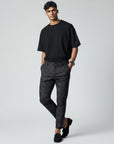 Charcoal plaid slim-fit ankle-length trousers with belt loops and button fly
