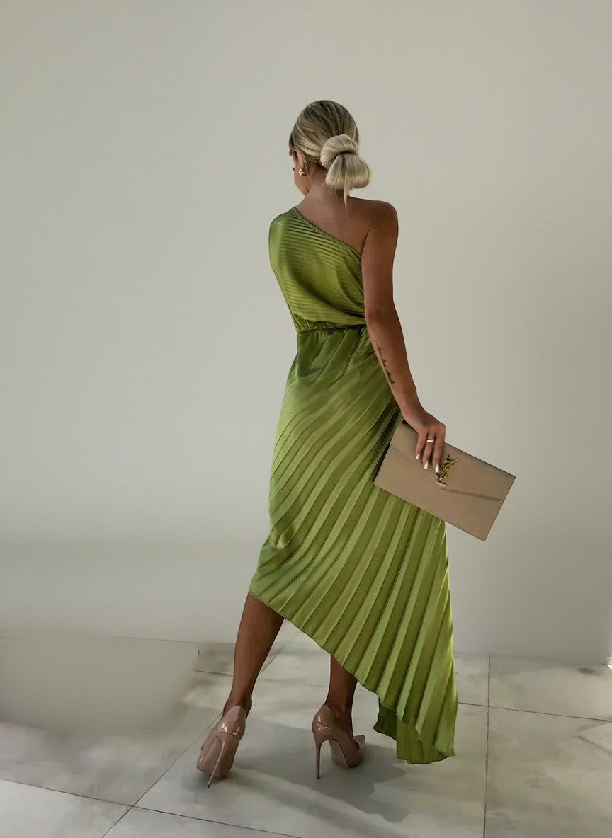 Green pleated maxi dress with one-shoulder back and ruched waist seam