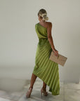 Green pleated maxi dress with one-shoulder back and ruched waist seam