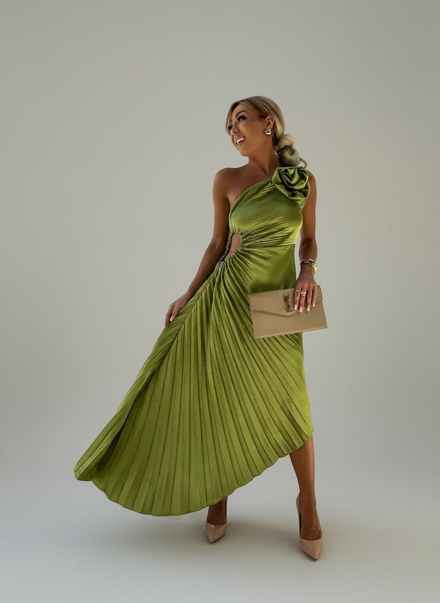 Lime green pleated one-shoulder maxi dress with ruched bodice and asymmetrical hem