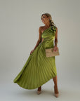 Lime green pleated one-shoulder maxi dress with ruched bodice and asymmetrical hem
