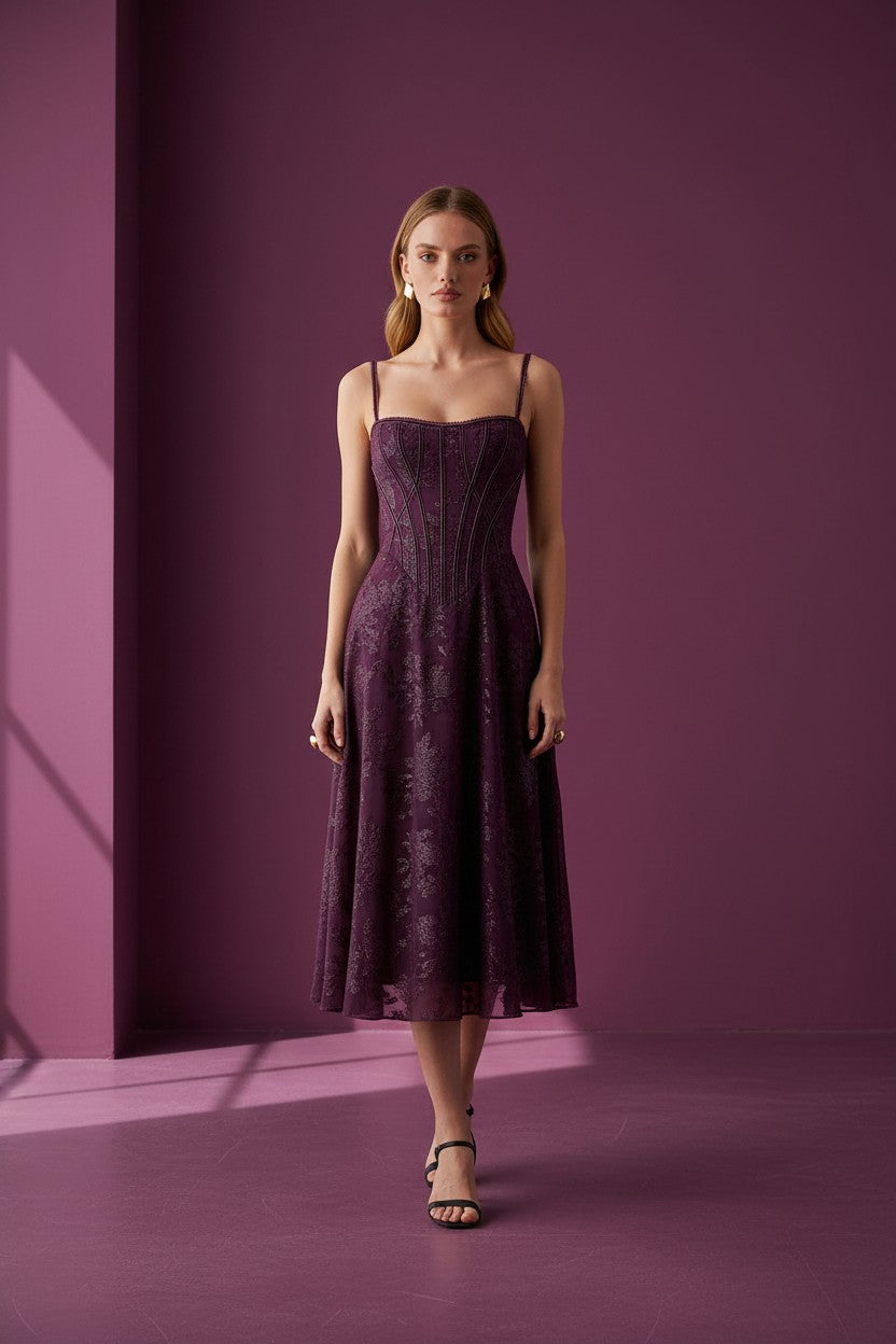 Purple floral midi-maxi dress with thin straps and structured corset bodice
