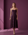 Purple floral midi-maxi dress with thin straps and structured corset bodice
