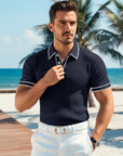 Men's navy ribbed polo shirt with white-trim collar and button placket