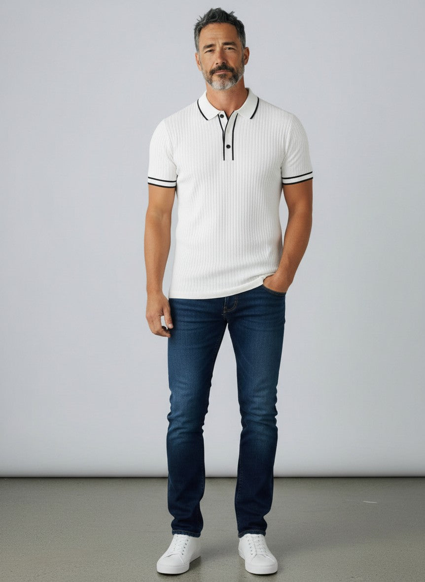Men's white ribbed polo shirt with dark button placket and short sleeves