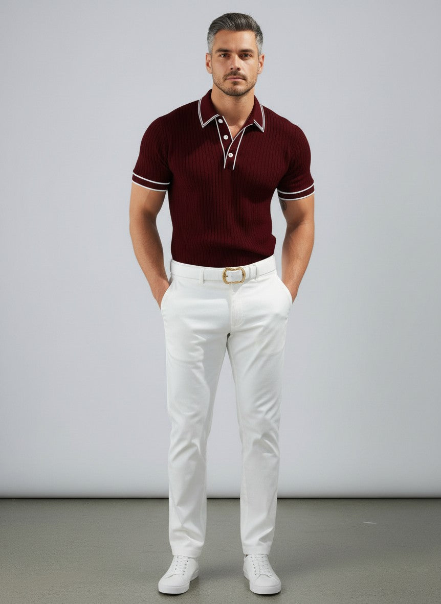 Men's wine ribbed polo shirt with white-trim collar and two visible buttons