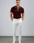 Men's wine ribbed polo shirt with white-trim collar and two visible buttons
