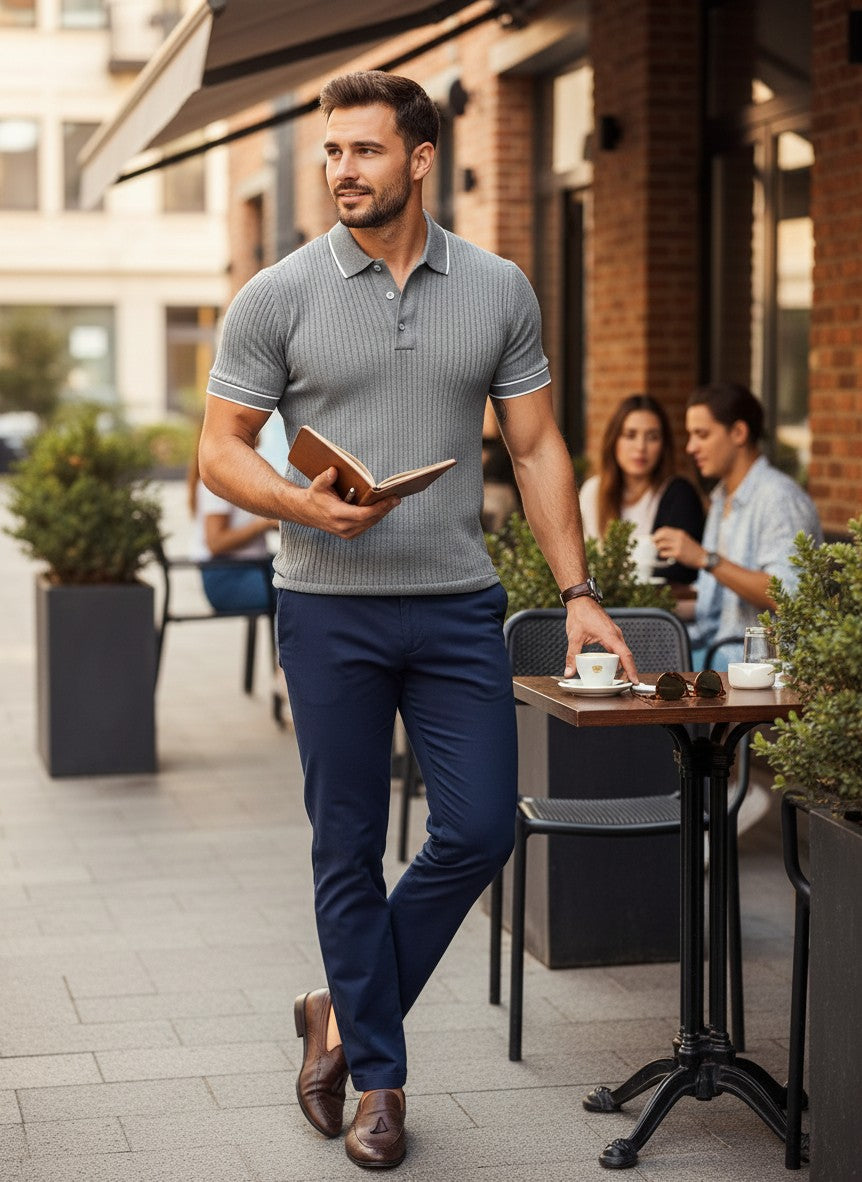 Men's grey ribbed polo shirt with button placket and short sleeves