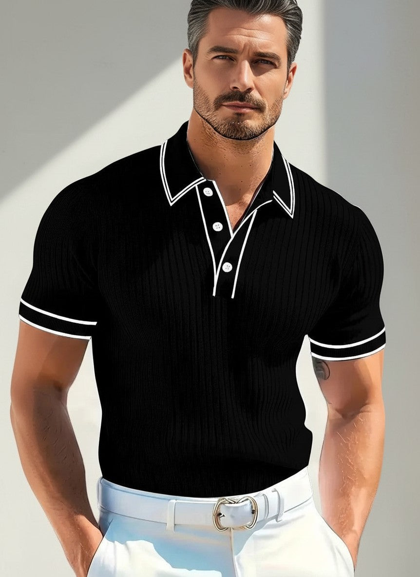 Men's black ribbed polo shirt with white-trim collar and three-button placket