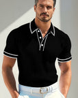 Men's black ribbed polo shirt with white-trim collar and three-button placket