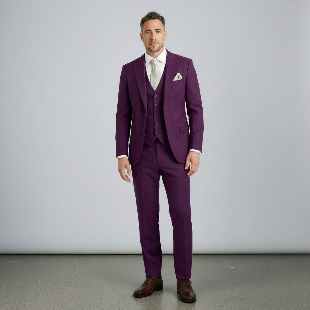 Wine three-piece suit set with tailored jacket, waistcoat, and matching trousers