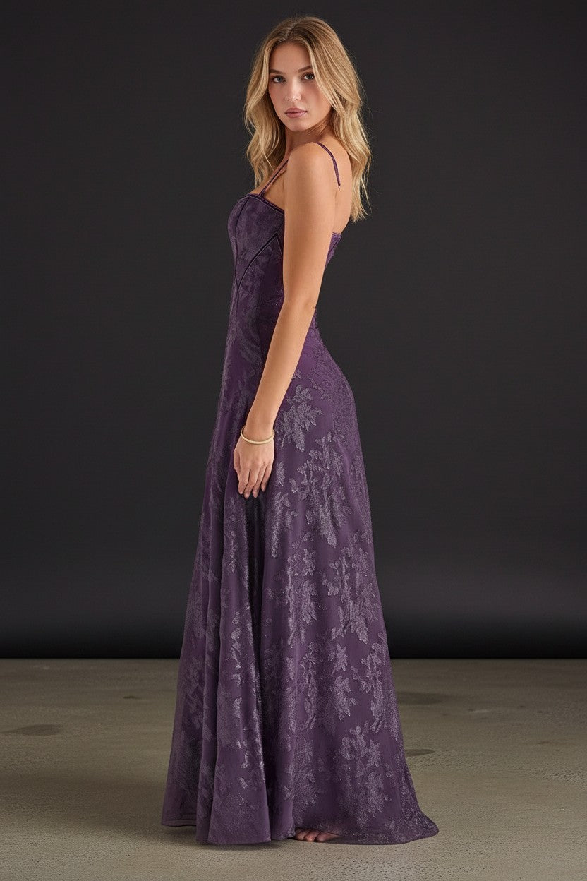 Purple floral maxi dress with spaghetti straps, fitted bodice and flowing full skirt