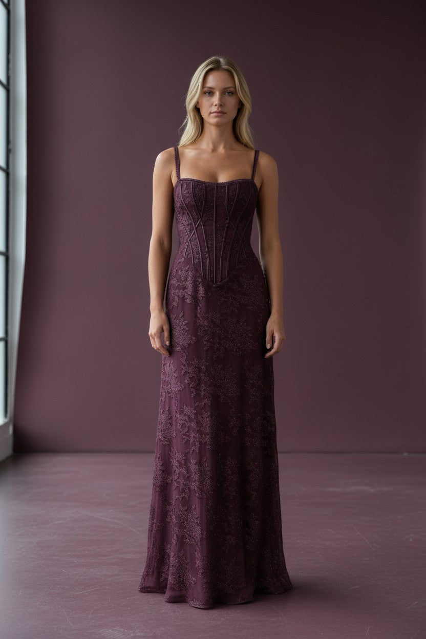 Purple floral maxi dress with spaghetti straps and square neckline, fitted waist
