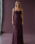 Purple floral maxi dress with spaghetti straps and square neckline, fitted waist