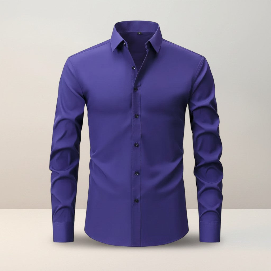 Men's slim fit stretch long sleeve shirt, dark purple, button-front, long sleeves
