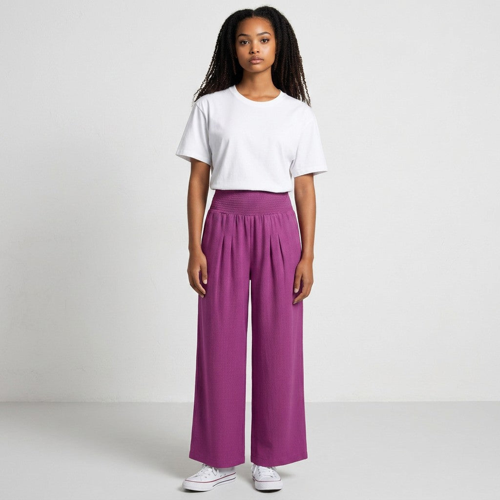 Purple smocked high-waist wide-leg pants with gathered elastic waistband