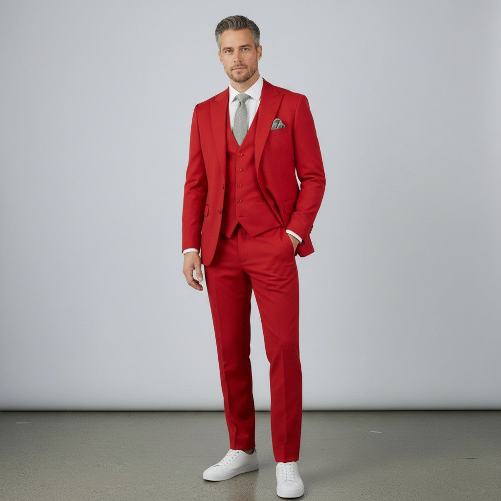 Red three-piece suit set with tailored jacket, waistcoat, and matching trousers