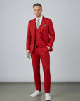 Red three-piece suit set with tailored jacket, waistcoat, and matching trousers