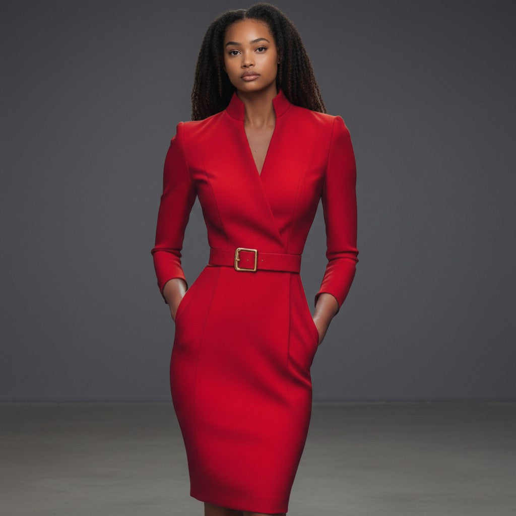 Women's cocktail dress, V-neck, long sleeves, fitted with waist belt, bright red