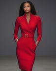 Women's cocktail dress, V-neck, long sleeves, fitted with waist belt, bright red