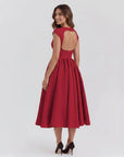 Red cap-sleeve midi dress with fitted waist and full gathered skirt