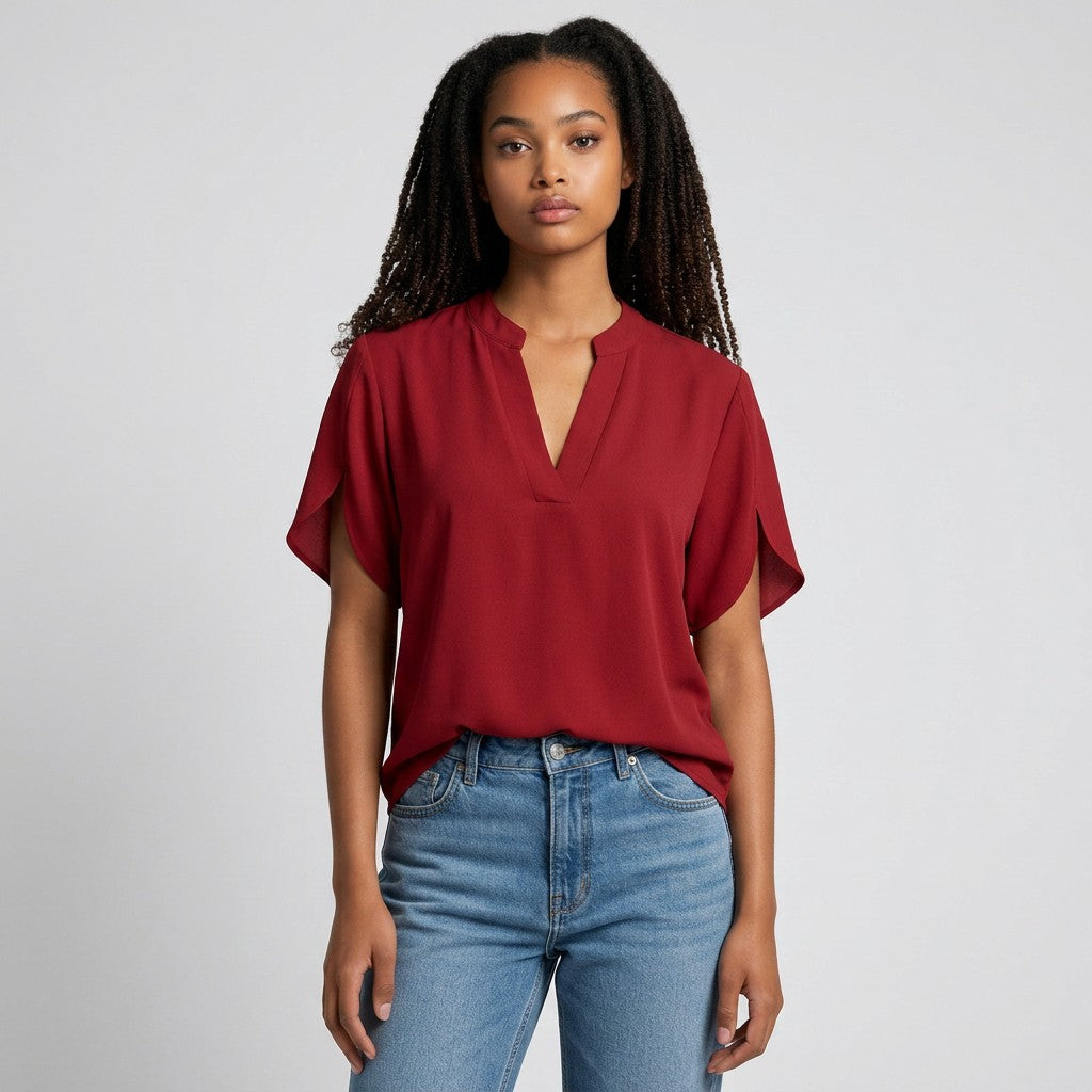 Red lightweight chiffon blouse with V-neck and draped short sleeves