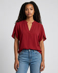 Red lightweight chiffon blouse with V-neck and draped short sleeves