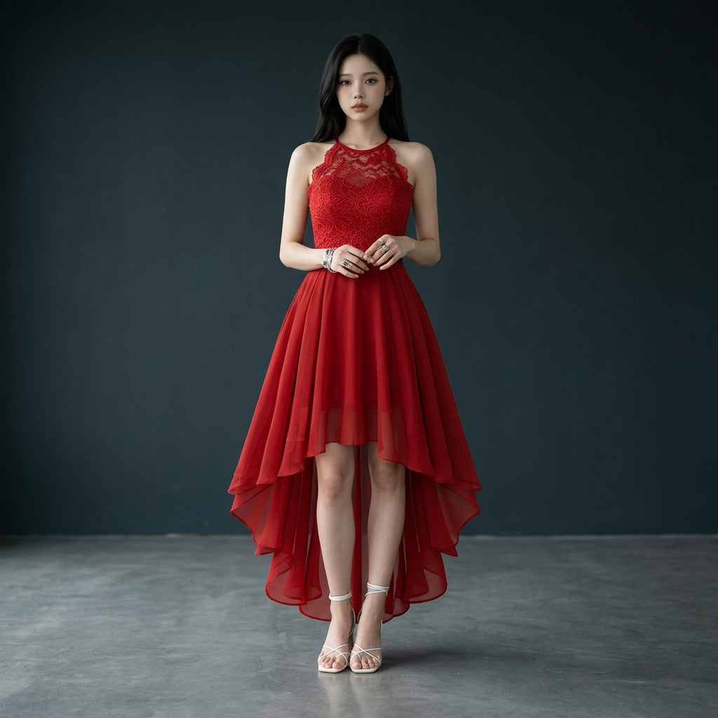 Red sleeveless high-low cocktail dress with lace neckline and chiffon layered hem
