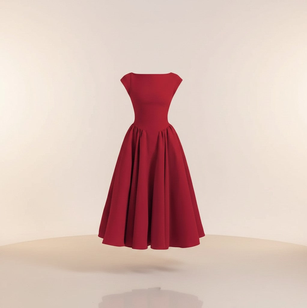 Red cap-sleeve midi dress with fitted bodice and pleated gathered skirt
