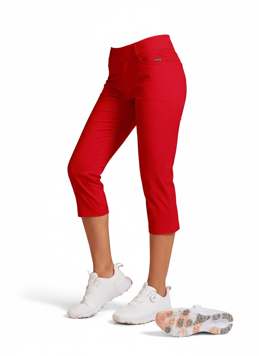 Red capri pants with stretch fabric, mid-rise pull-on waist and cropped straight legs