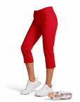 Red capri pants with stretch fabric, mid-rise pull-on waist and cropped straight legs