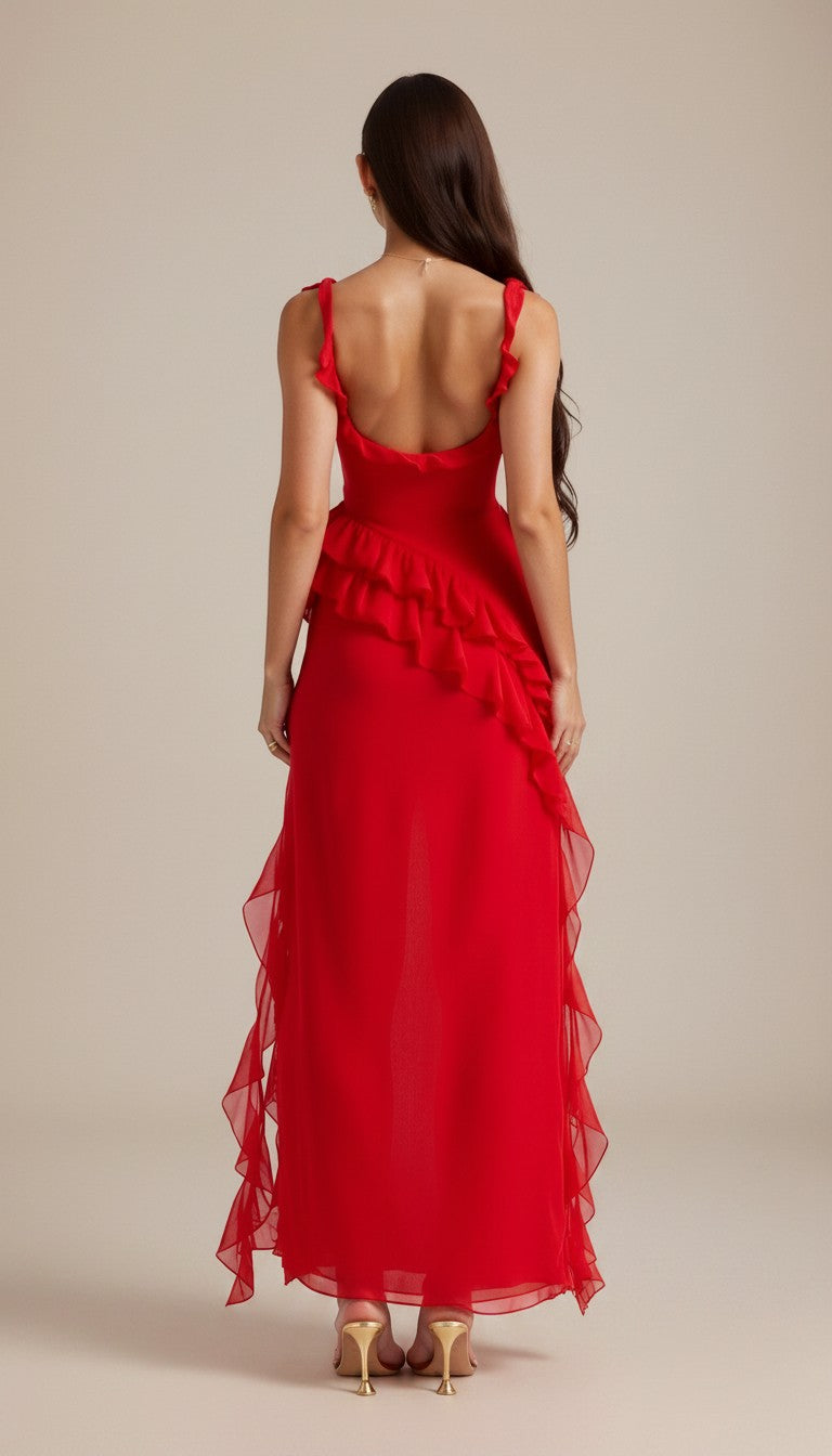 Red maxi dress with thin straps and back ruffle detailing, layered skirt