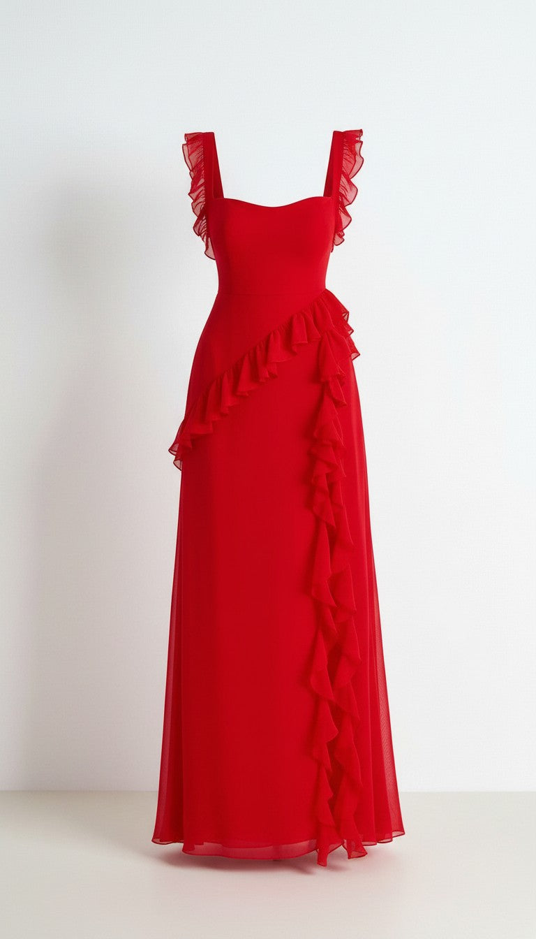 Red maxi dress with tiered ruffle detailing on straps and skirt