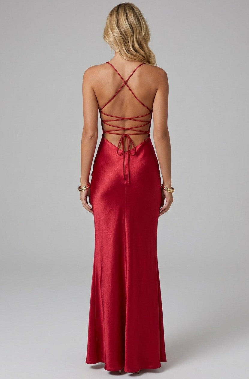 Red satin maxi dress with crisscross lace-up back and open back