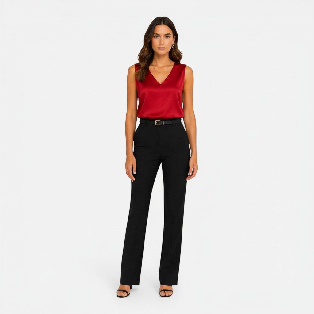 Red satin sleeveless V-neck blouse with draped neckline.