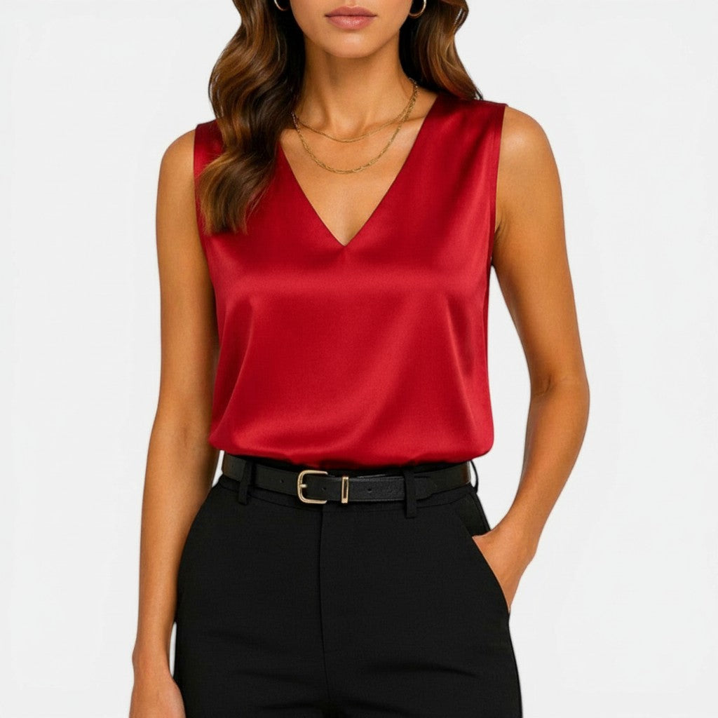 Red satin sleeveless V-neck blouse with draped front and slim fit.